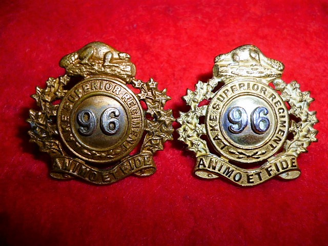 MM258 - 96th Lake Superior Regiment Officer's Collar Badge Pair, Silver & Gilt 